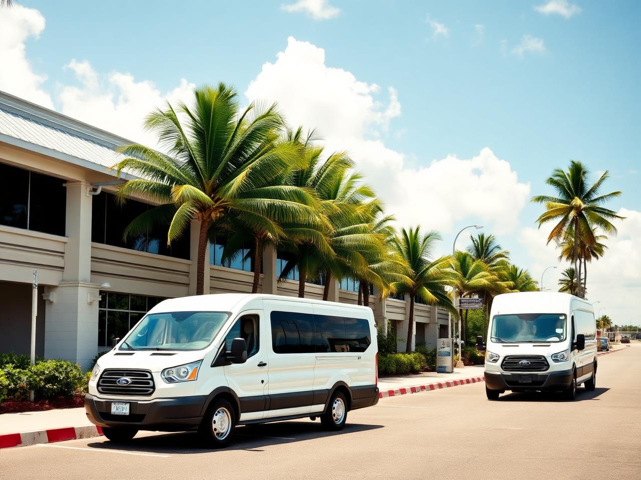 White passenger vans waiting at the airport pickup area